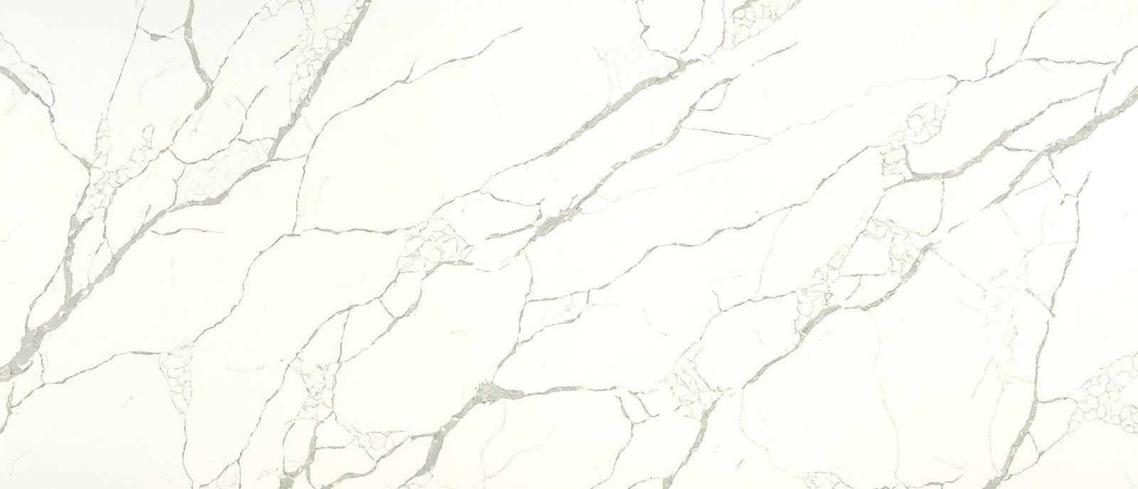 White quartz surface with bold warm gray veining